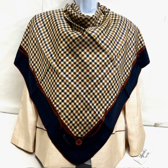 Unused-  Aquascutum of london 100%  Silk Scarf 31"Italy made Blue nova check(18) - Picture 1 of 10